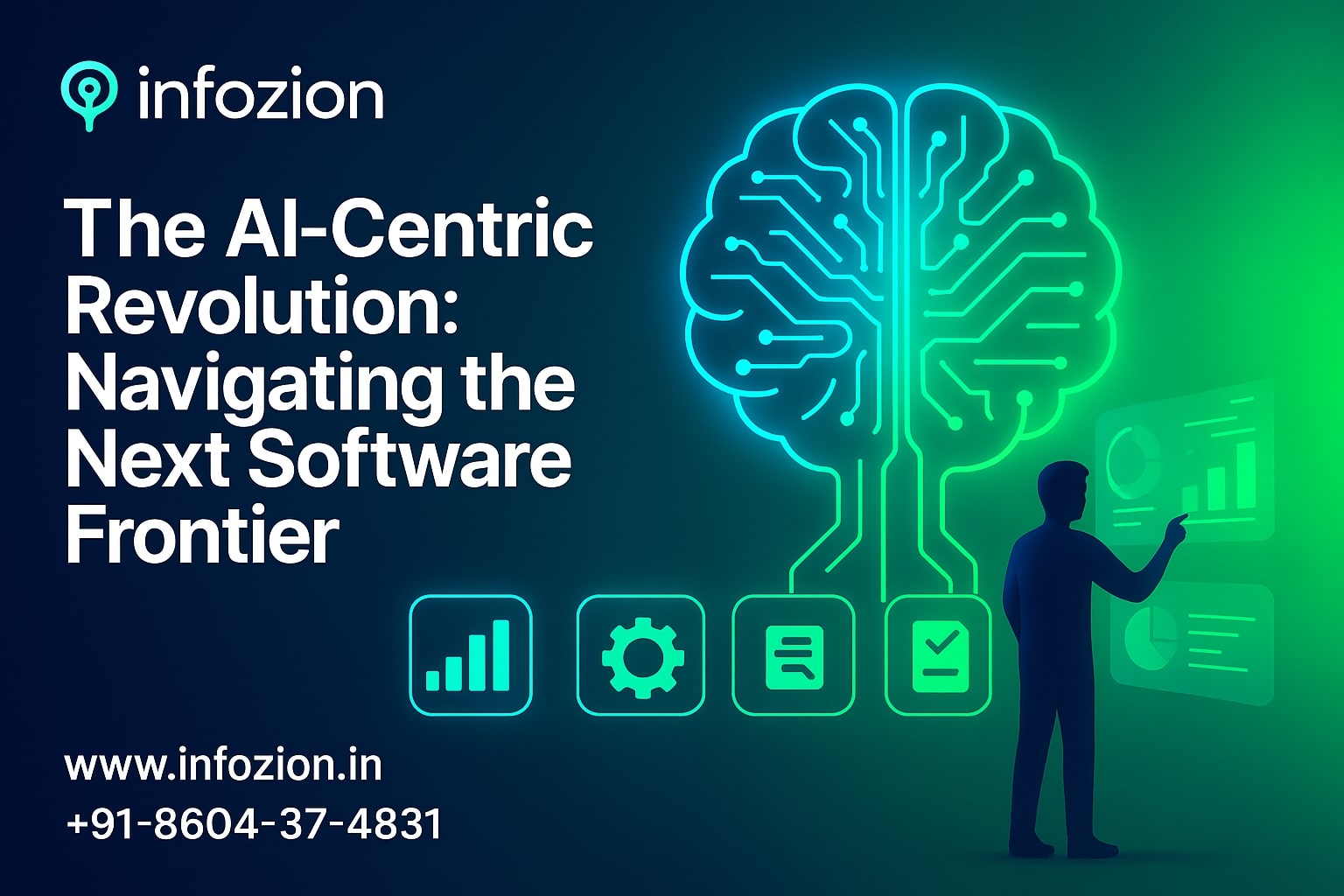 AI-centric software concept by Infozion Technologies showing the future of intelligent software and digital transformation.