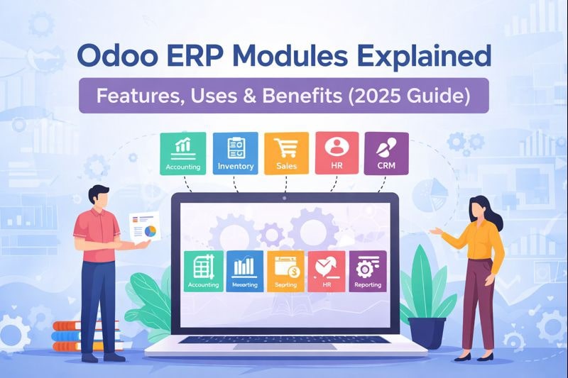 Odoo ERP modules explained showing accounting, inventory, sales, HR and CRM features in one system